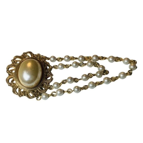 Victorian Style White Faux Pearl Station Dangle Chain Gold Tone Brooch Pin 2” - Picture 3 of 5